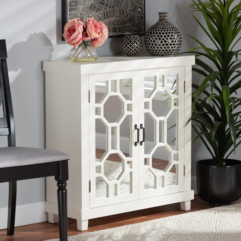 Carlena Sideboard - Modern White Wood Storage Cabinet with Mirrored Glass, 2-Door Design for Dining or Living Room