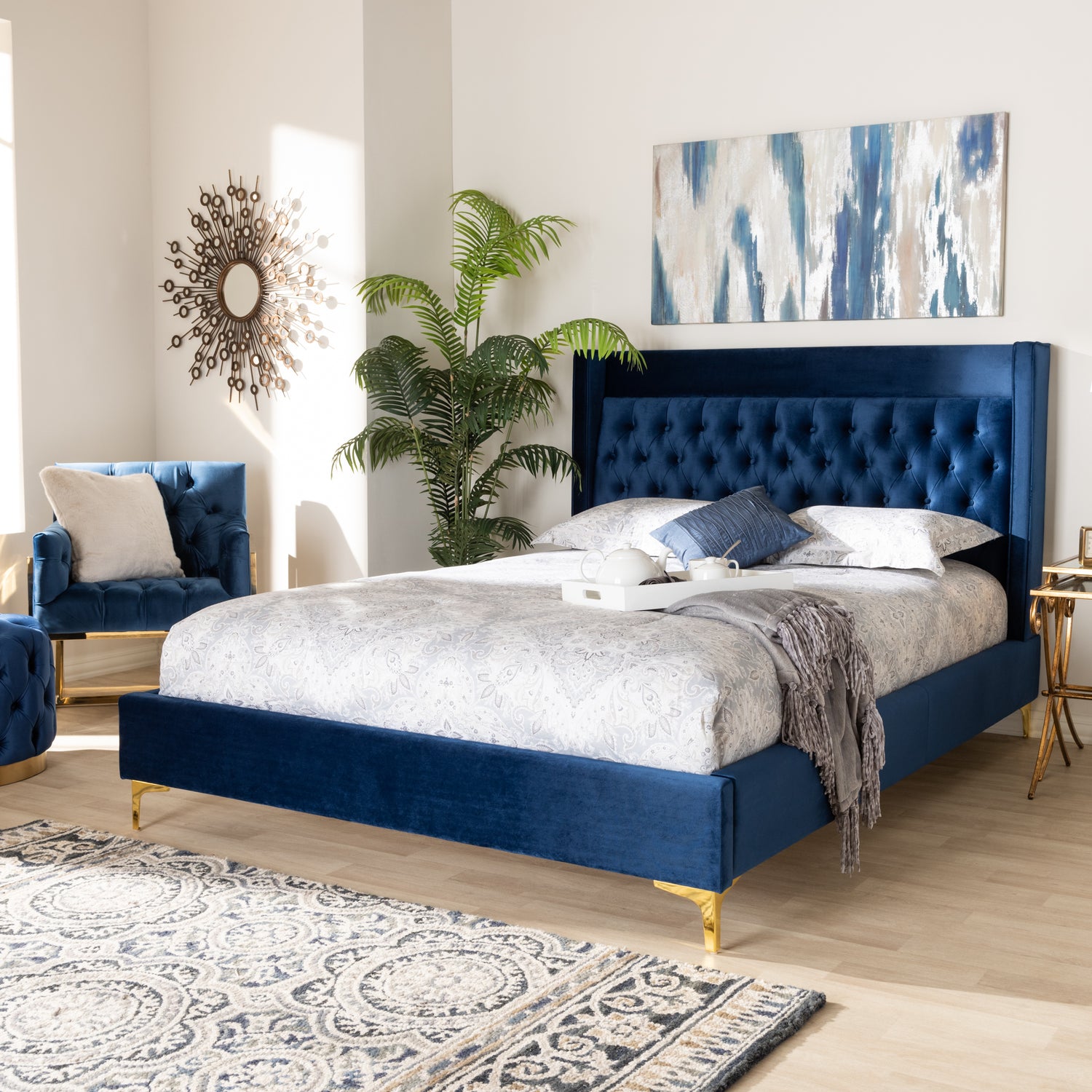 Valery Platform Bed - Modern and Contemporary Navy Blue Velvet Fabric with Gold-Finished Legs