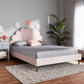 Odille Queen Size Platform Bed Modern Glam Light Pink Velvet Upholstered with Walnut Brown Wood Seashell Shaped Design