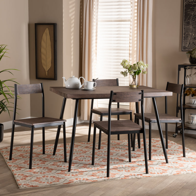 Mave 5-Piece Dining Set in Modern Contemporary Style with Walnut Wood and Black Metal Accents