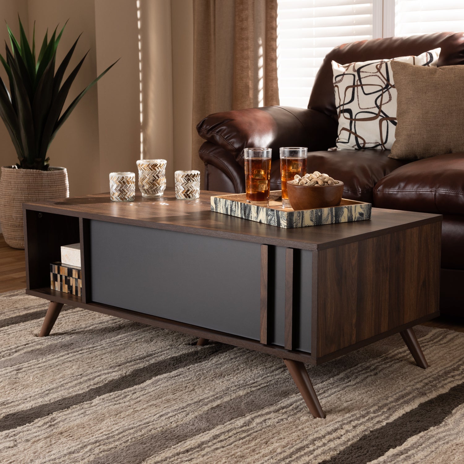 Naoki Coffee Table - Modern Contemporary Design with Two-Tone Grey Walnut Finish and 1 Drawer for Storage