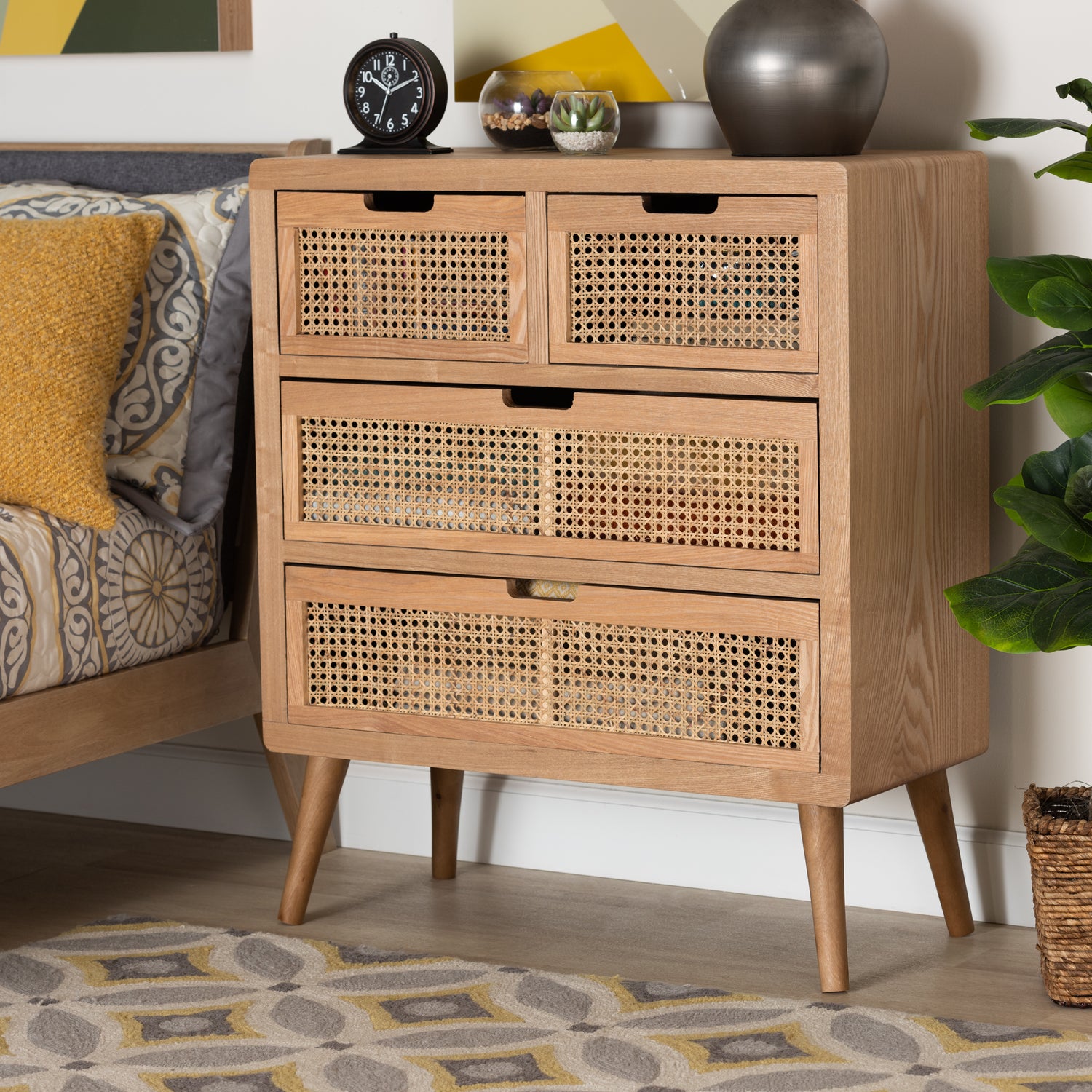 Alina Accent Storage Cabinet - Mid-Century Modern with Medium Oak Finish and Rattan, Featuring 4 Drawers for Stylish Organization