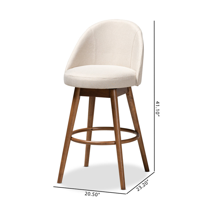 Carra Bar Stool Set Mid-Century Modern Light Beige Fabric Upholstered Walnut-Finished Wood 2-Piece