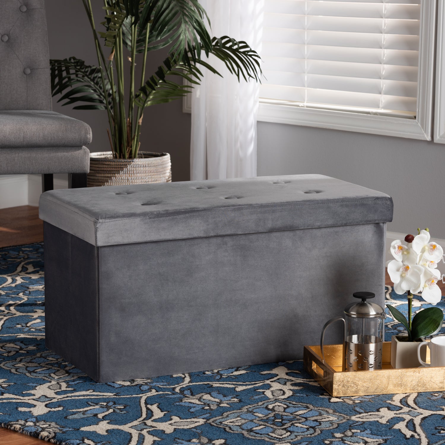 Castel Ottoman Modern and Contemporary Charcoal Velvet Fabric Upholstered Wood Storage