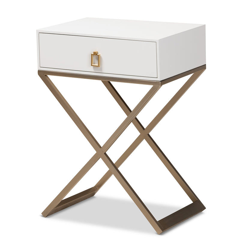 Patricia Modern End Table White Finished Wood with Brass Effect Metal 1-Drawer Design for Stylish Living Room or Bedroom Decor