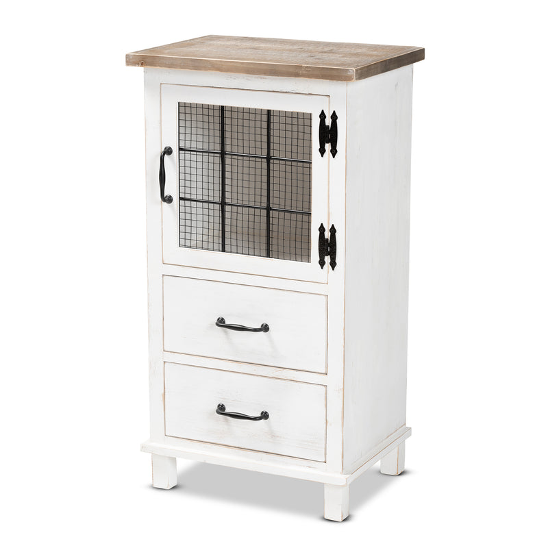 Faron Storage Cabinet Classic Farmhouse Style Two-Tone Distressed White and Oak Brown Finish with 2 Drawers for Organized Storage