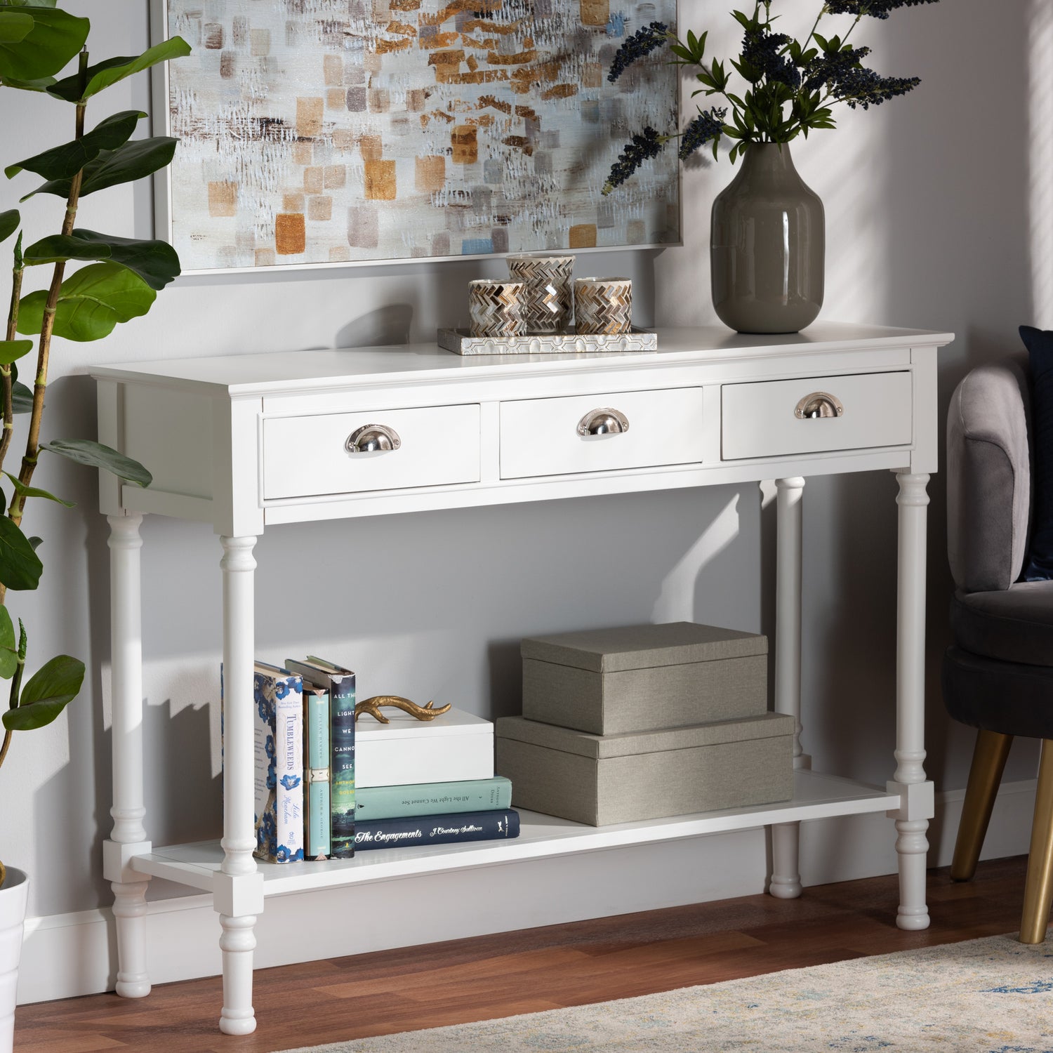 Garvey Console Table French Provincial White Finished Wood 3-Drawer Entryway