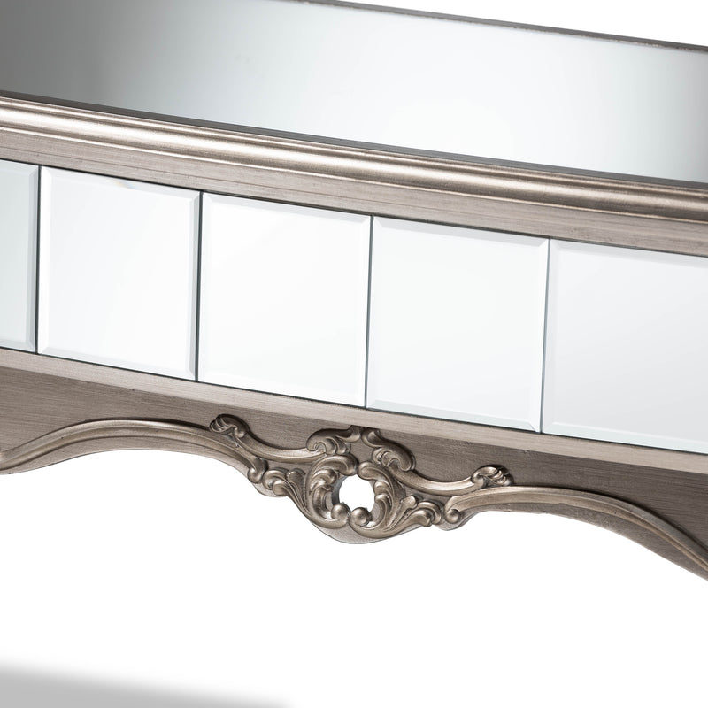 Elgin Console Table Contemporary Glam Luxe Design with Brushed Silver Finished Wood and Mirrored Glass Accents