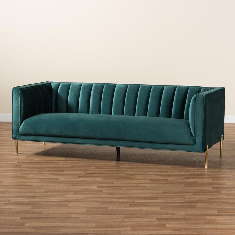 Maia Sofa Contemporary Glam Luxe Green Velvet Fabric Upholstered Gold Finished Metal