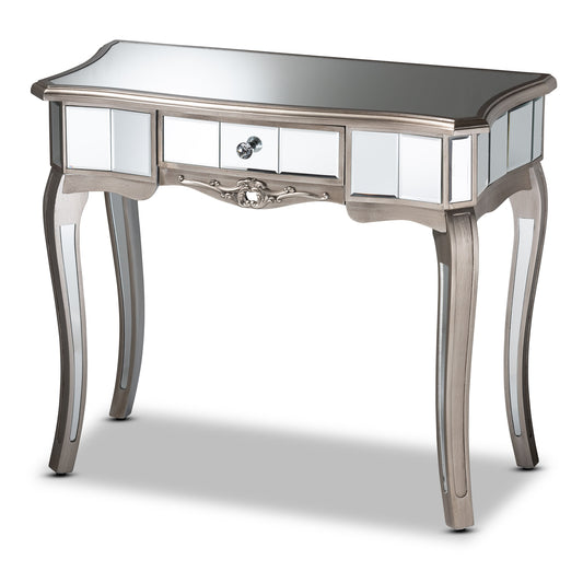 Elgin Console Table Contemporary Glam Luxe Design Brushed Silver Finished Wood Mirrored Glass with 1 Drawer for Stylish Storage