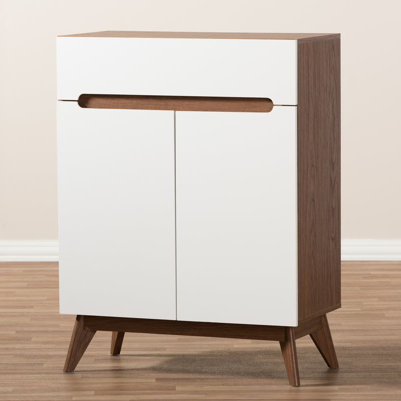 Calypso Mid-Century Modern Shoe Cabinet with White and Walnut Wood Storage