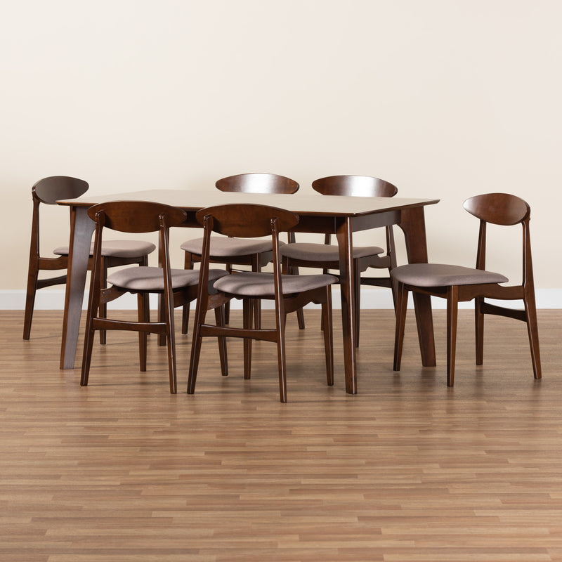 Daria 7-Piece Dining Set in Mid-Century Modern Style with Warm Grey Fabric and Dark Brown Wood Finish