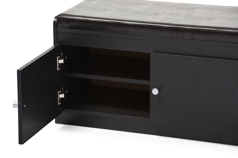 Margaret Shoe Cabinet Modern and Contemporary Dark Brown Wood 2-Door with Faux Leather Seating Bench