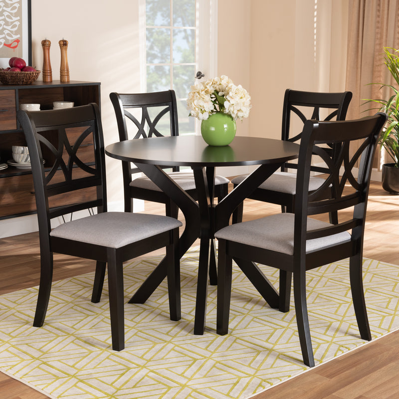 Julia 5-Piece Dining Set - Modern Grey Fabric Chairs with Dark Brown Finished Wood Table