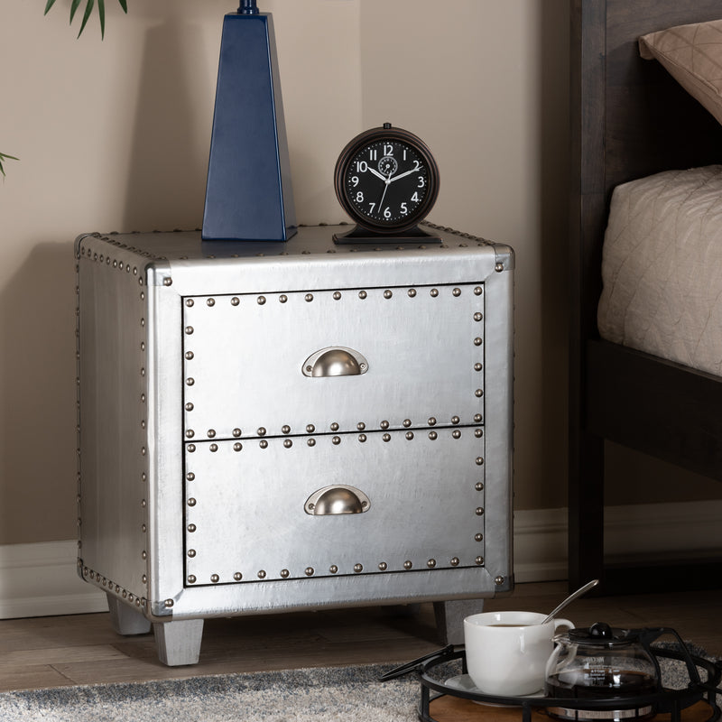 Davet Industrial End Table French Silver Metal 2-Drawer Nightstand for Living Room or Bedroom