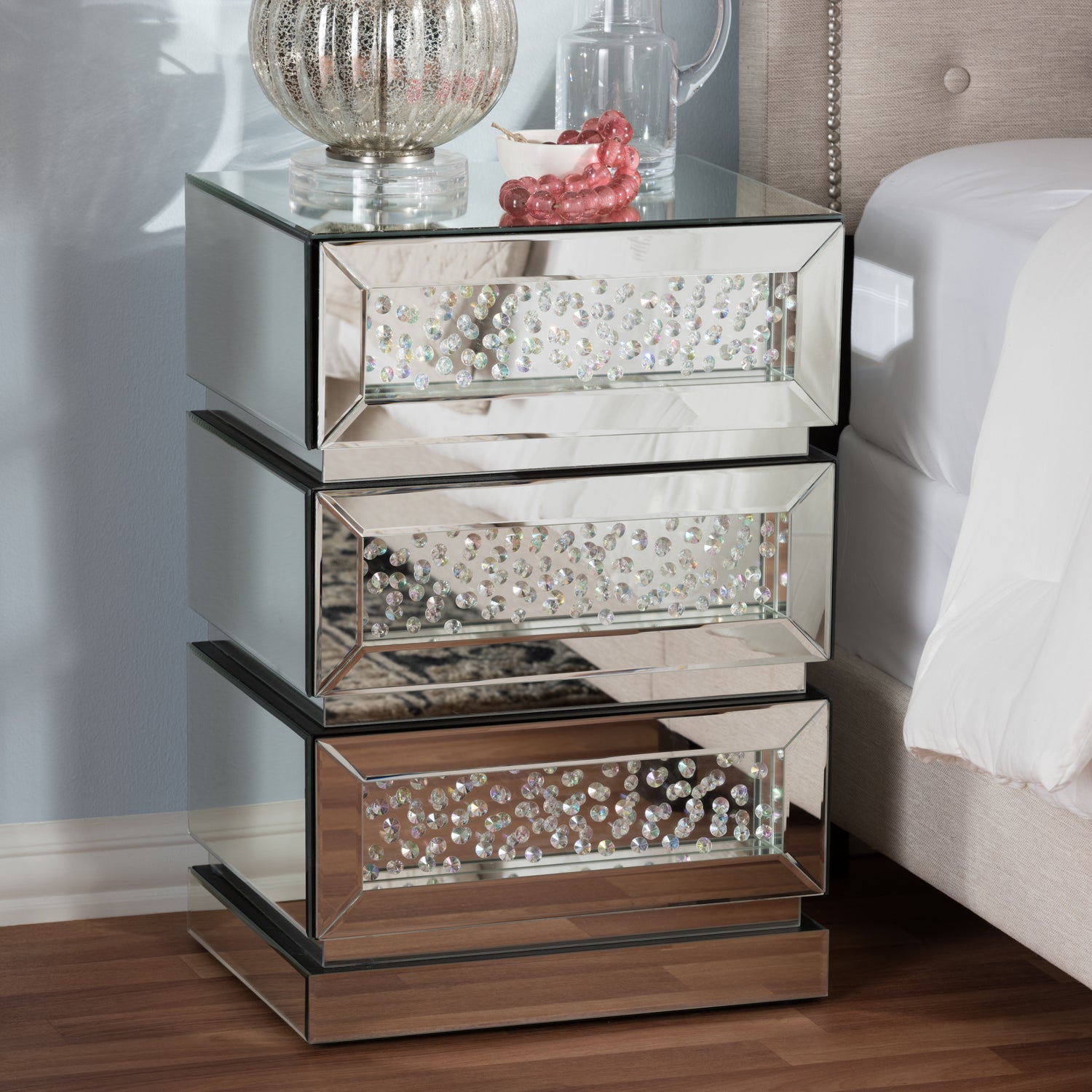 Sabrina Mirrored End Table Hollywood Regency Glamour with 3 Drawers for Elegant Bedroom or Living Room Storage