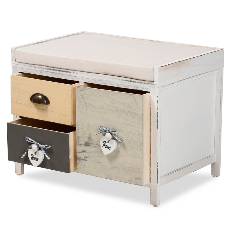 Jacoby Storage Bench Modern Transitional Beige Fabric Upholstered with Multi-Colored Wood and 3 Drawers for Stylish Organization