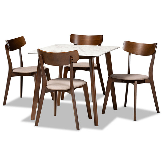 Reba Dining Set Mid-Century Modern Light Beige Fabric Upholstered Walnut Brown Finished Wood 5-Piece with Faux Marble Table