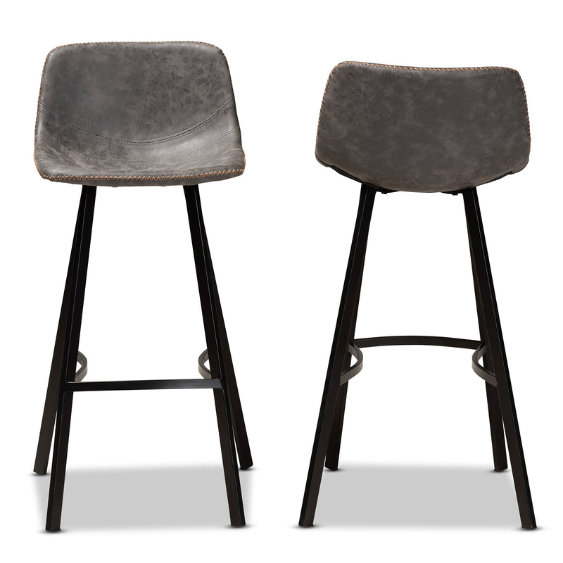 Tani Bar Stool Set - Rustic Industrial Grey and Brown Faux Leather Upholstered 2-Piece Metal Bar Stools with Black Finish