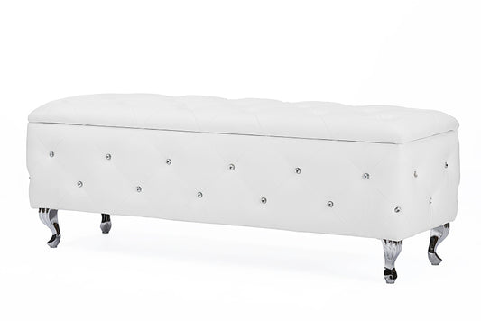 Seine Contemporary Storage Ottoman in White Leather - Stylish Functional Furniture for Living Room or Bedroom Storage