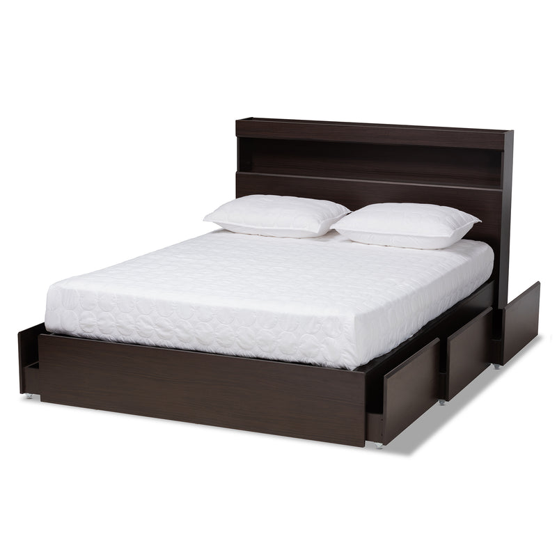 Blaine Queen Size Platform Storage Bed - Modern Dark Brown Wood with 6 Drawers for Organized Bedroom Storage