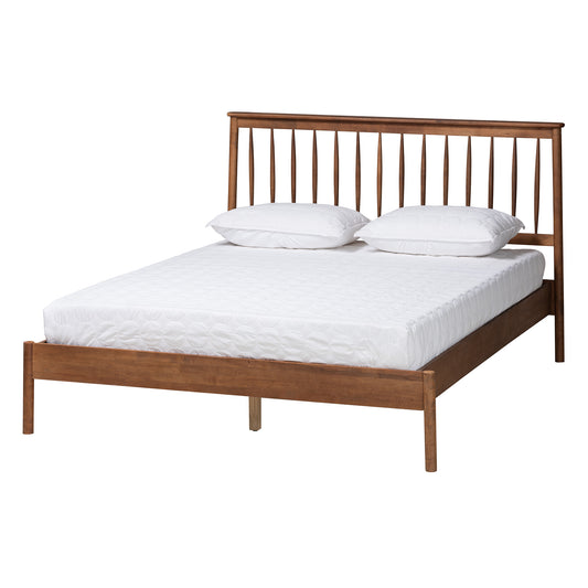 Agatis Queen Size Bed Mid-Century Modern Design in Walnut Brown Finished Wood Stylish Durable Bedroom Furniture