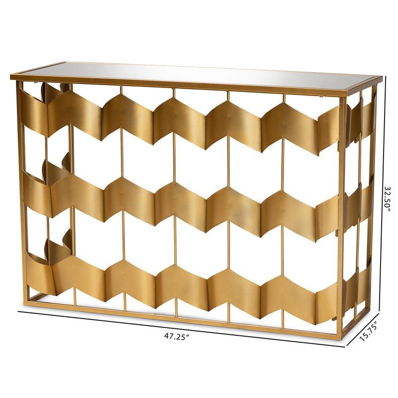 Vega Glam Geometric Console Table Luxe Gold Finished Metal and Mirrored Glass Design for Modern Decor