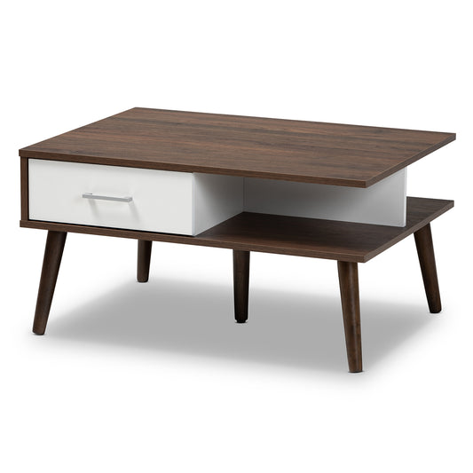 Merlin Mid-Century Modern Coffee Table - Two-Tone Walnut and White 2-Drawer Wood Design for Stylish Living Rooms