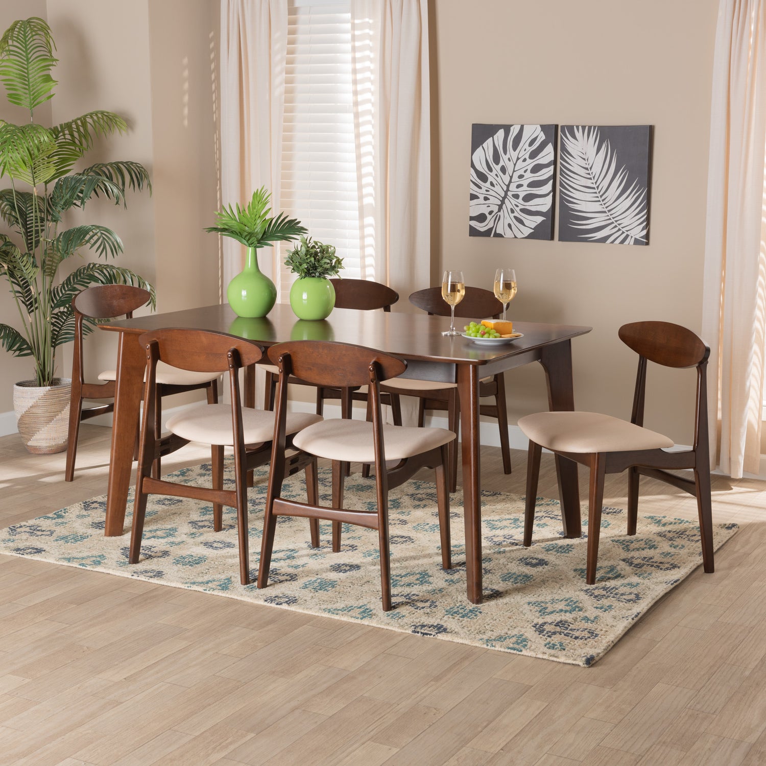 Daria 7-Piece Dining Set in Mid-Century Modern Style with Cream Upholstery and Dark Brown Wood Finish