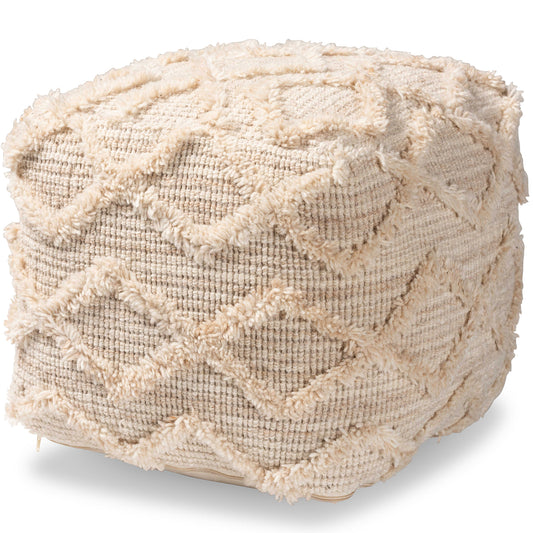 Carilyn Pouf Ottoman Modern Moroccan Inspired Ivory Handwoven Wool Blend Accent for Living Room or Bedroom Decor