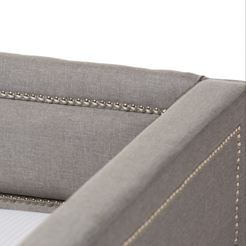 Raymond Sofa Daybed - Modern Grey Fabric Design with Nail Head Trim and Roll-Out Trundle for Guest Bed Convenience