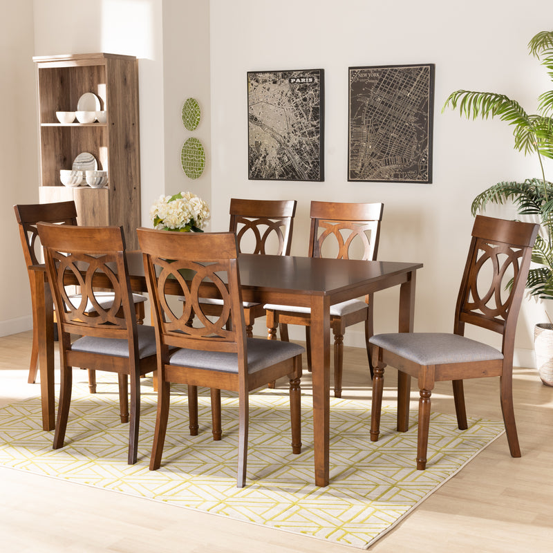 Lucie Dining Set Modern and Contemporary Grey Fabric Upholstered Dark Brown Finished Wood 7-Piece