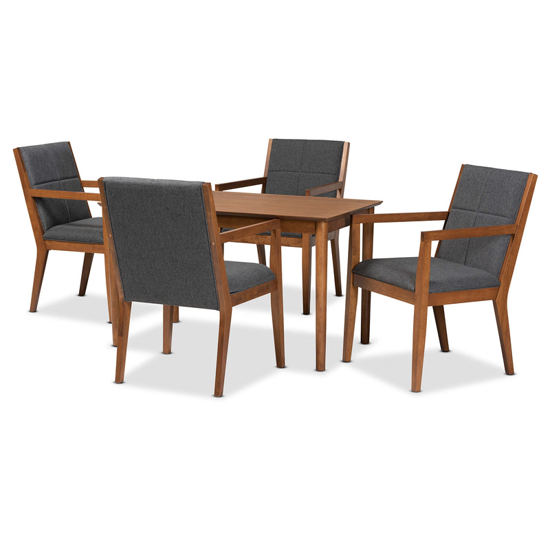 Theresa Dining Set Mid-Century Modern Dark Grey Fabric Upholstered Walnut Brown Finished Wood 5-Piece