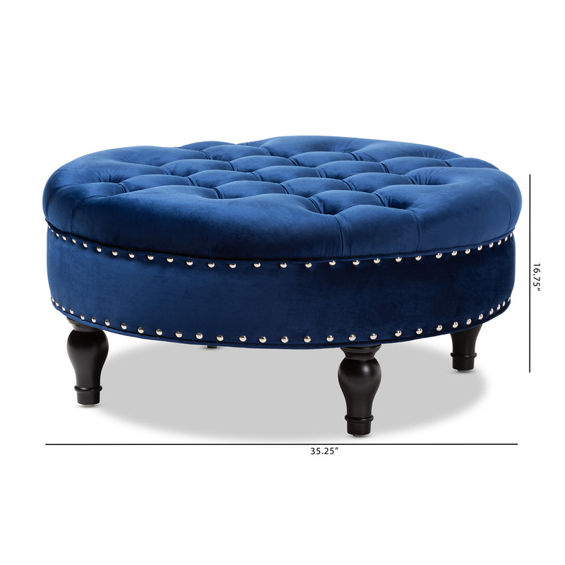 Palfrey Ottoman Transitional Blue Velvet Fabric Upholstered Button Tufted Cocktail