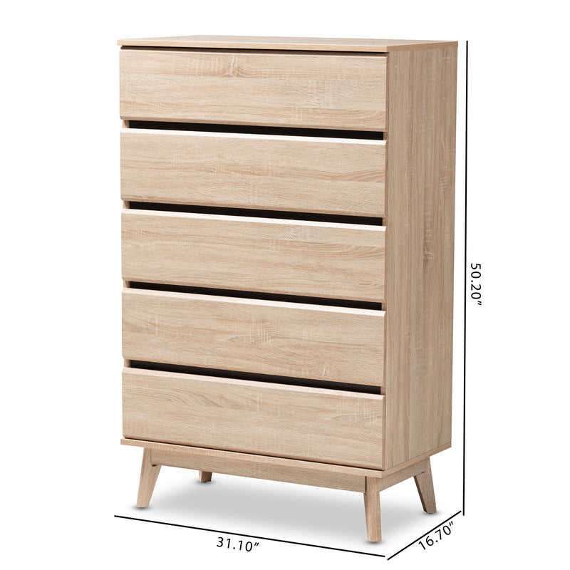 Miren Mid-Century Modern 5-Drawer Chest in Light Oak and Dark Grey Finish - Stylish Storage for Bedroom or Living Room