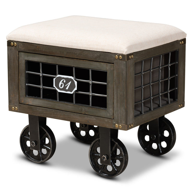 Harley Storage Ottoman - Rustic Farmhouse Design with Beige Fabric, Antique Wood, Black Metal Accents, 1-Drawer, and Wheeled Mobility