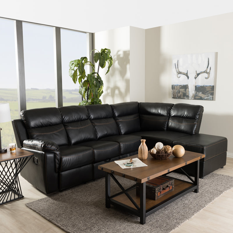 Roland Sectional Modern and Contemporary Black Faux Leather 2-Piece with Recliner and Storage Chaise