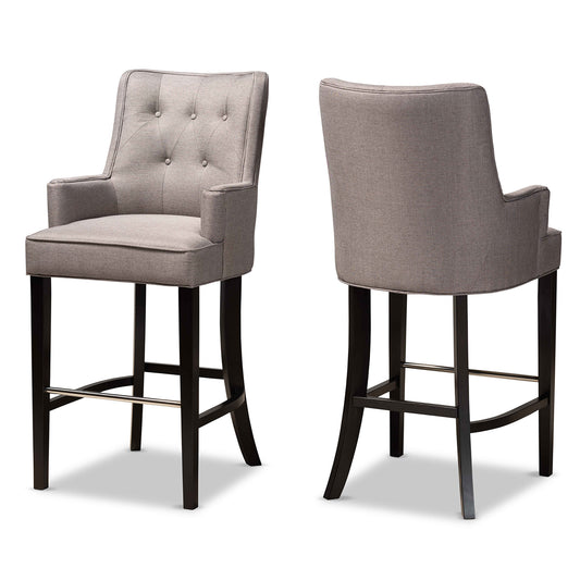 Aldon Bar Stool Set Modern and Contemporary Grey Fabric Upholstered Dark Brown Finished Wood 2-Piece