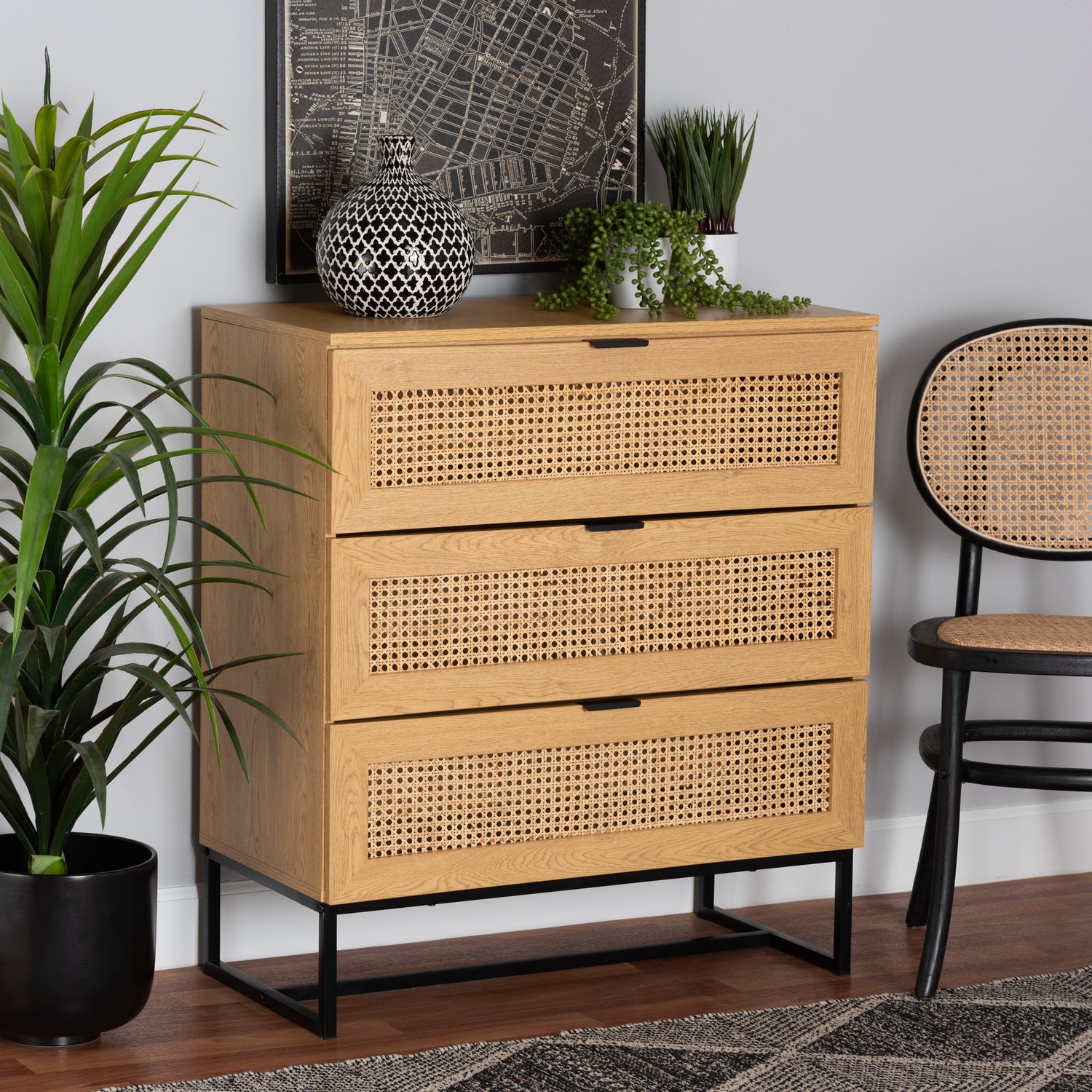 Sawyer 3-Drawer Storage Cabinet in Oak Brown Wood and Black Metal with Natural Rattan Accents - Mid-Century Modern Industrial Design