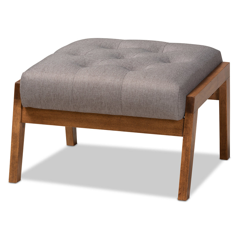 Naeva Footstool Mid-Century Modern Grey Fabric Upholstered with Walnut Base Stylish Accent for Living Room or Bedroom