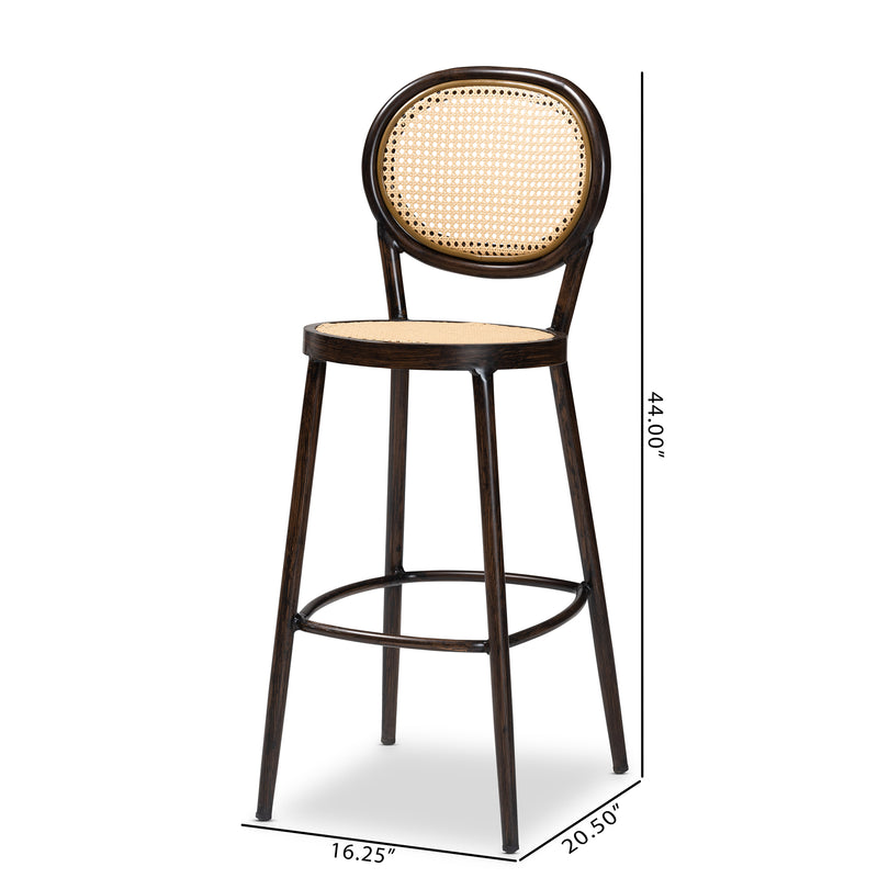 Thalia Outdoor Bar Stool - Mid-Century Modern Dark Brown Metal and Synthetic Rattan for Stylish Patio Seating