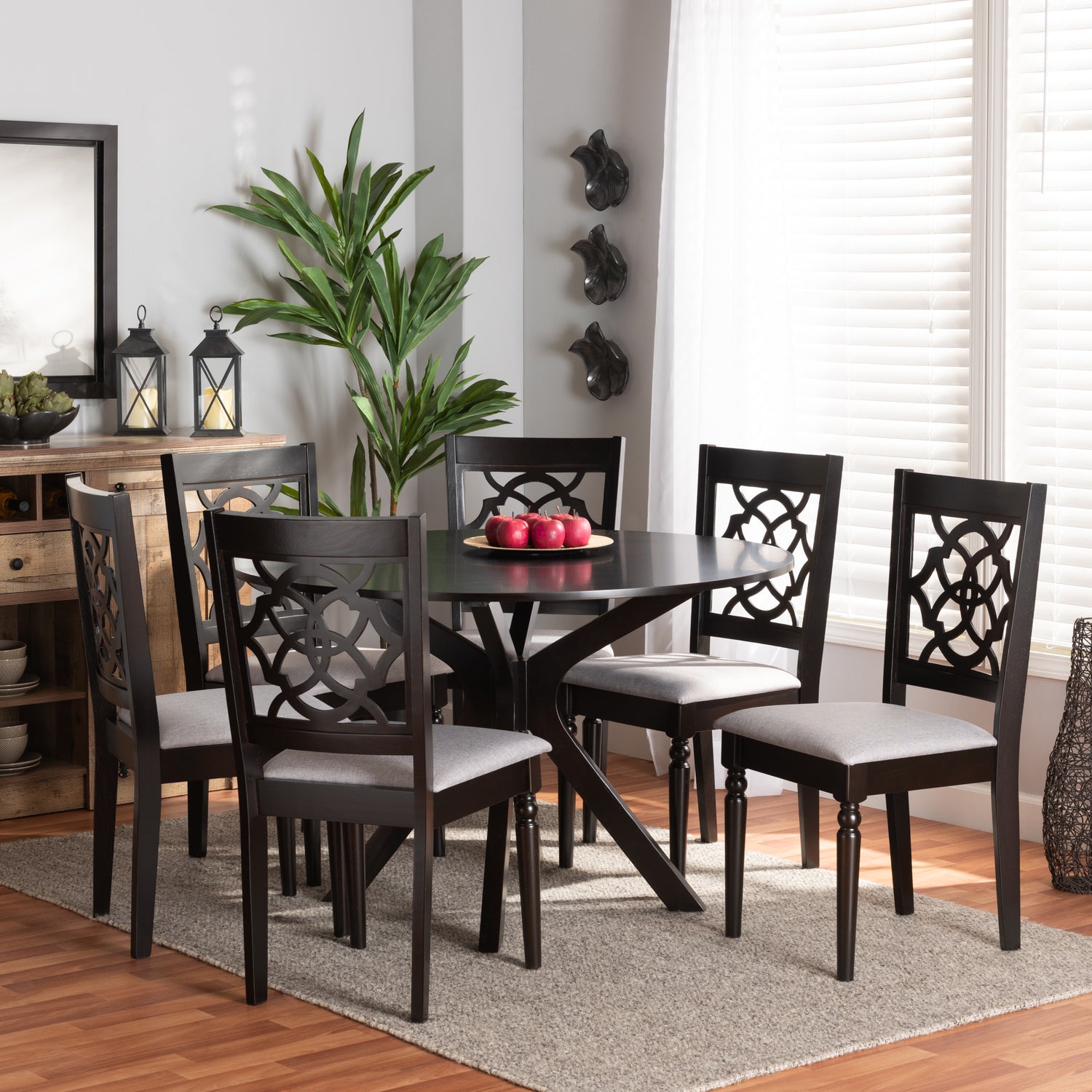 Sadie Dining Set Modern Contemporary Grey Fabric Upholstered Dark Brown Finished Wood 7-Piece