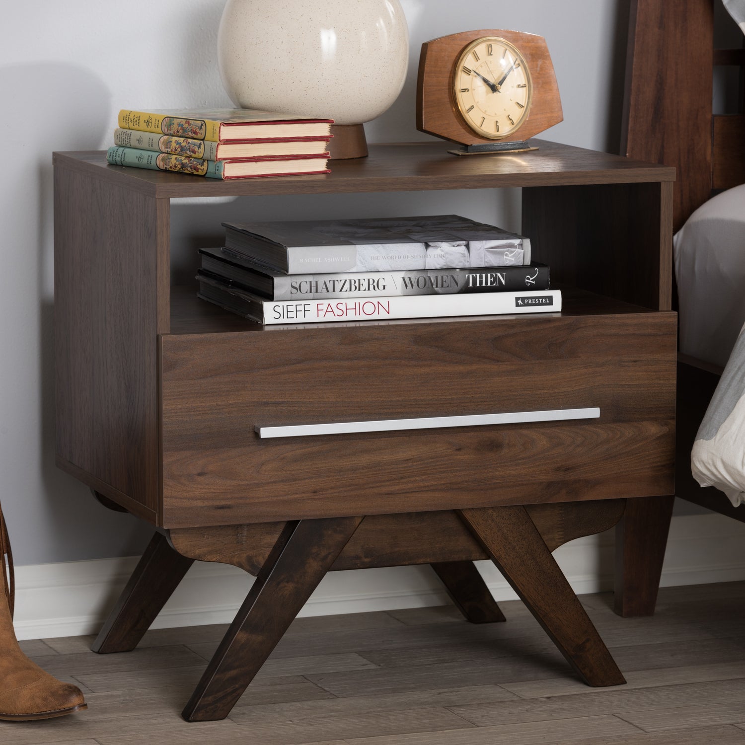 Ashfield Mid-Century Modern Nightstand Walnut Brown Wood with Storage Drawer and Stylish Design