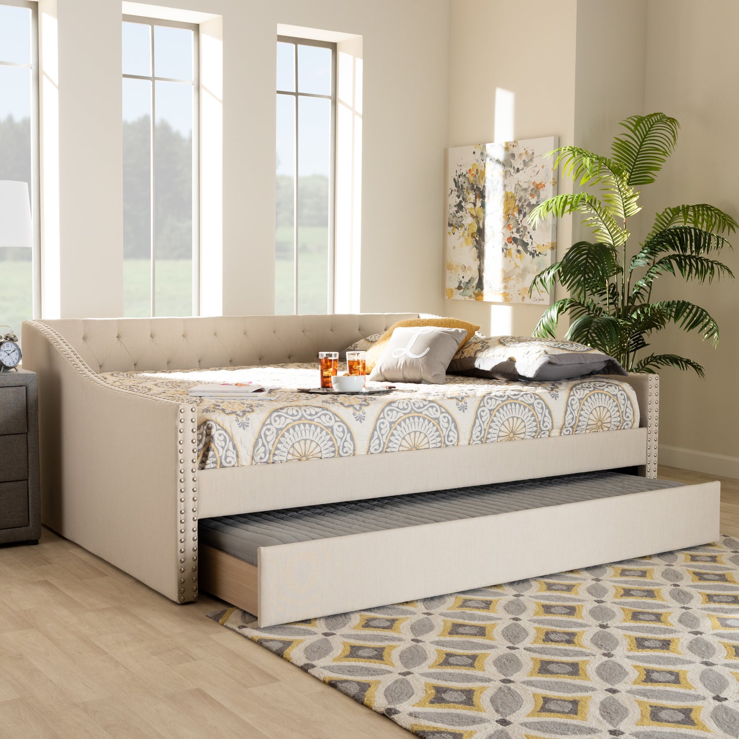 Haylie Daybed - Modern and Contemporary Beige Fabric Upholstered with Roll-Out Trundle Bed