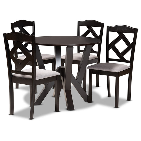 Riona Dining Set Modern Transitional Grey Fabric Upholstered and Dark Brown Finished Wood 5-Piece