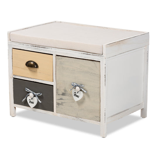 Jacoby Storage Bench Modern Transitional Beige Fabric Upholstered with Multi-Colored Wood and 3 Drawers for Stylish Organization