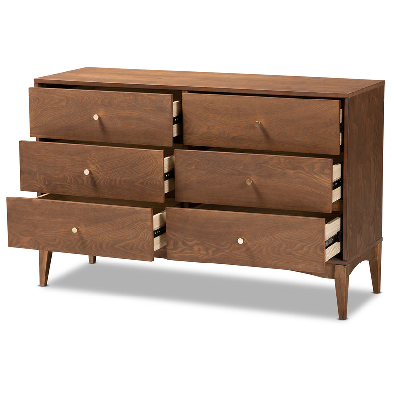 Landis Mid-Century Modern Dresser 6-Drawer Ash Walnut Finished Wood Storage for Bedroom or Living Room