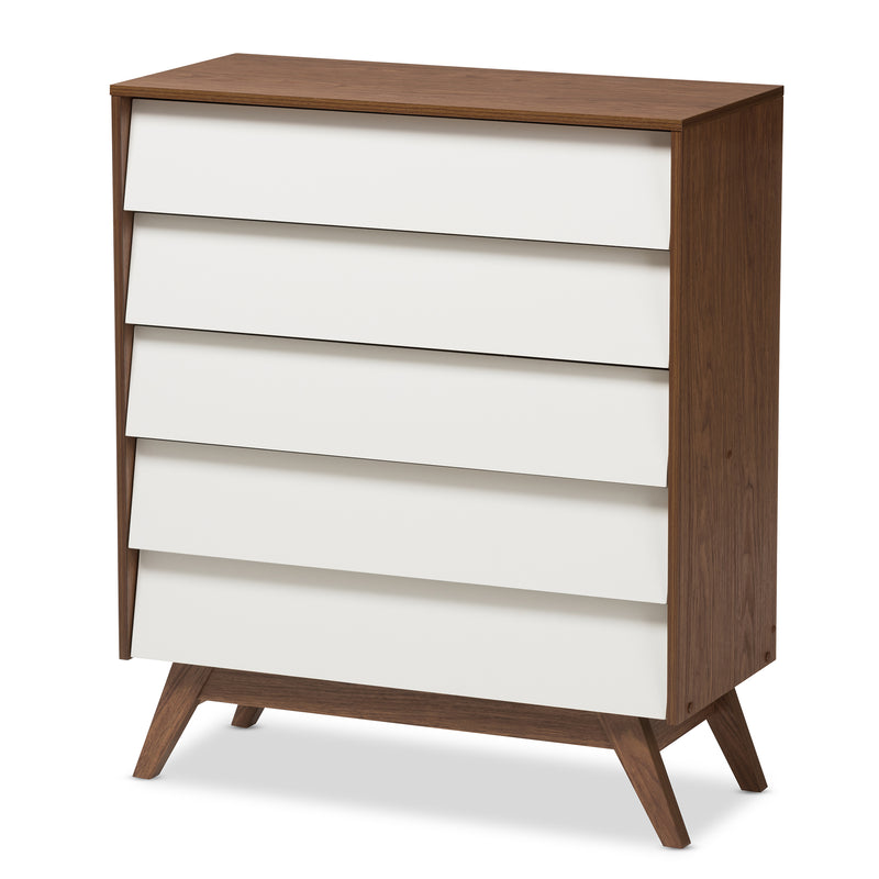 Hildon Mid-Century Modern 5-Drawer Storage Chest in White and Walnut for Stylish Organization and Home Décor