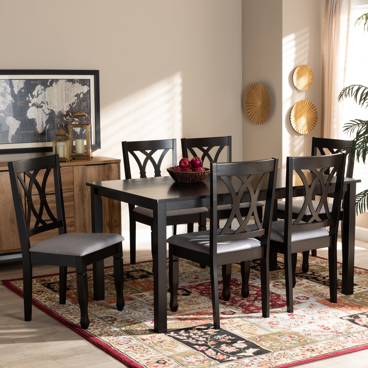 Reneau Dining Set Modern Contemporary Grey Fabric Upholstered Espresso Brown Finished Wood 7-Piece