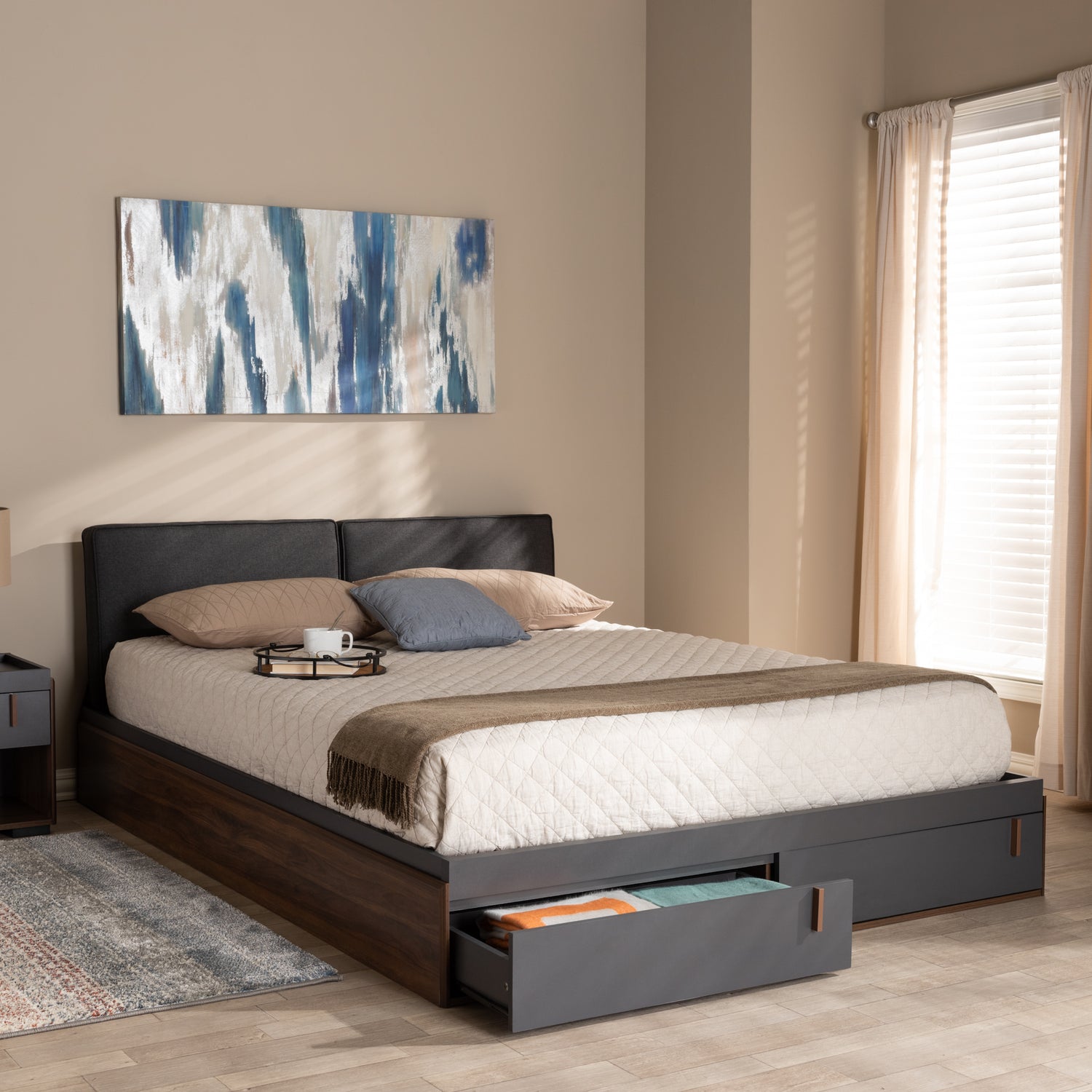 Rikke Queen Size Platform Storage Bed - Modern Two-Tone Gray and Walnut Wood with Gray Fabric Upholstered Headboard for Stylish Organization